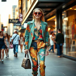 A stylish and fashionable individual walking confidently down a bustling urban street