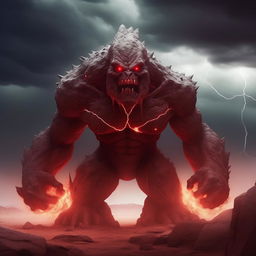 A larger, more intimidating stone golem with glowing red eyes and jagged, sharp features, surrounded by lightning in a stormy, desolate landscape.