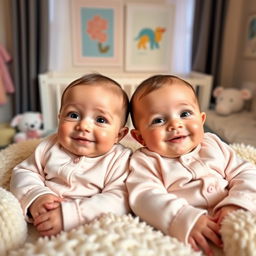 Two adorable twin babies lying side by side in a cozy nursery, both with bright eyes and cute smiles, dressed in matching pastel-colored outfits