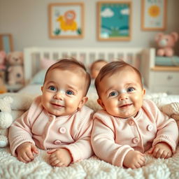 Two adorable twin babies lying side by side in a cozy nursery, both with bright eyes and cute smiles, dressed in matching pastel-colored outfits