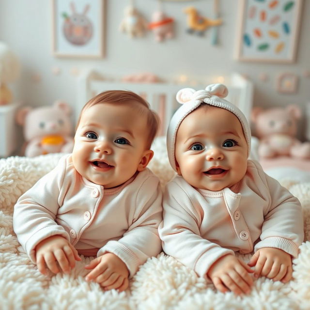 Two adorable twin babies lying side by side in a cozy nursery, both with bright eyes and cute smiles, dressed in matching pastel-colored outfits