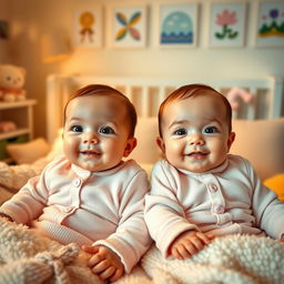 Two adorable twin babies lying side by side in a cozy nursery, both with bright eyes and cute smiles, dressed in matching pastel-colored outfits