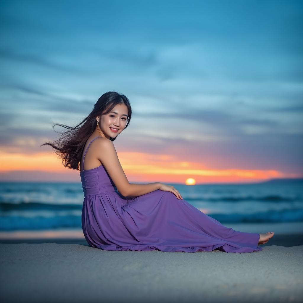 A beautiful Korean woman posing gracefully while sitting on the edge of the beach during sunset