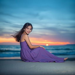 A beautiful Korean woman posing gracefully while sitting on the edge of the beach during sunset