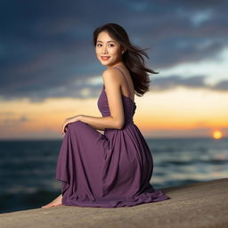 A beautiful Korean woman posing gracefully while sitting on the edge of the beach during sunset
