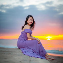 A beautiful Korean woman posing gracefully while sitting on the edge of the beach during sunset