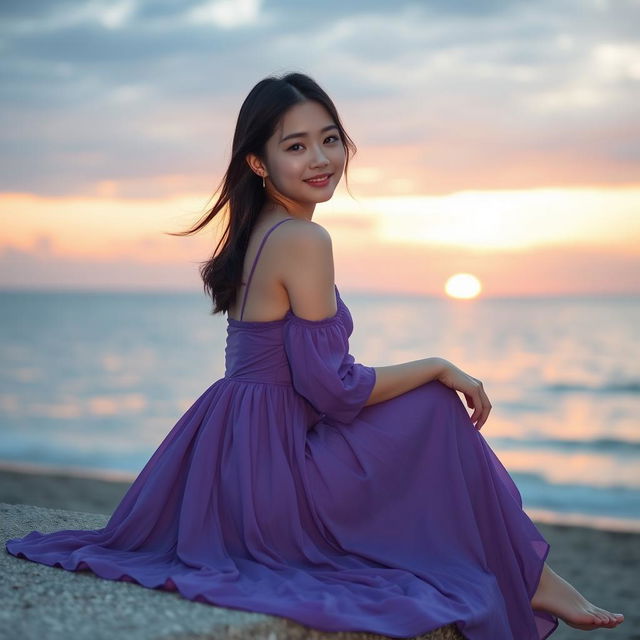 A beautiful Korean woman posing gracefully while sitting on the edge of the beach during sunset