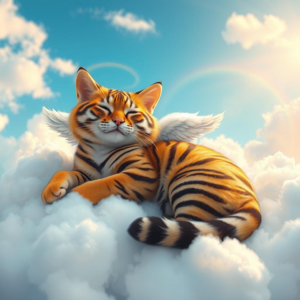 A serene and whimsical scene depicting a tiger cat lounging peacefully in a heavenly environment