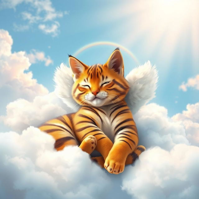 A serene and whimsical scene depicting a tiger cat lounging peacefully in a heavenly environment