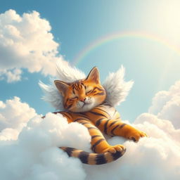 A serene and whimsical scene depicting a tiger cat lounging peacefully in a heavenly environment