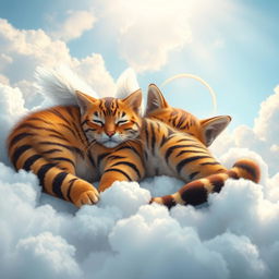 A serene and whimsical scene depicting a tiger cat lounging peacefully in a heavenly environment