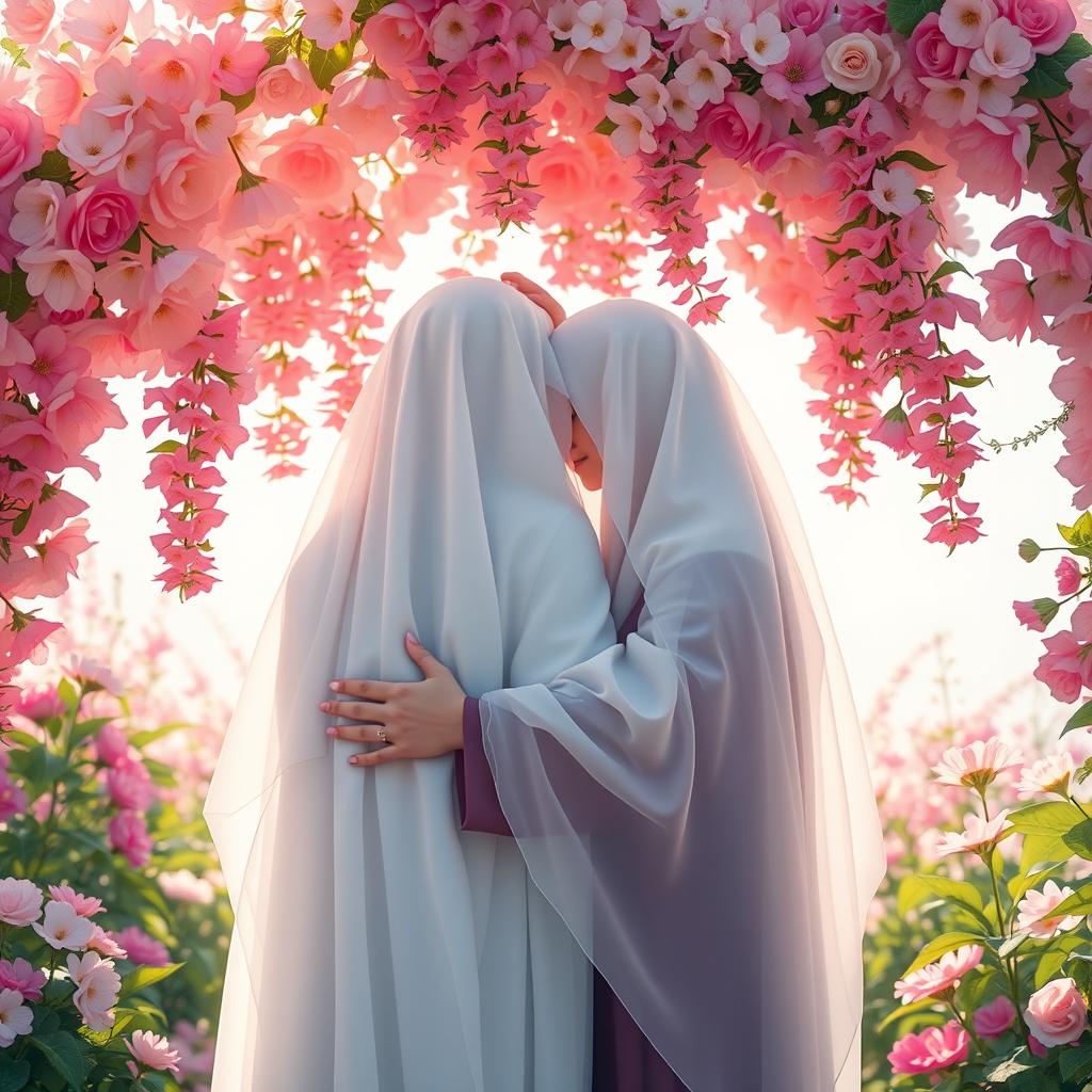 A serene and beautiful scene depicting two veiled figures embracing each other under a vibrant floral arch