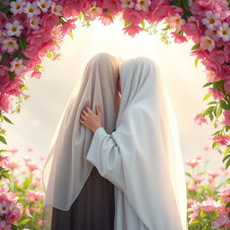 A serene and beautiful scene depicting two veiled figures embracing each other under a vibrant floral arch