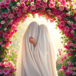 A serene and beautiful scene depicting two veiled figures embracing each other under a vibrant floral arch