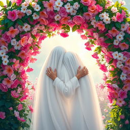 A serene and beautiful scene depicting two veiled figures embracing each other under a vibrant floral arch