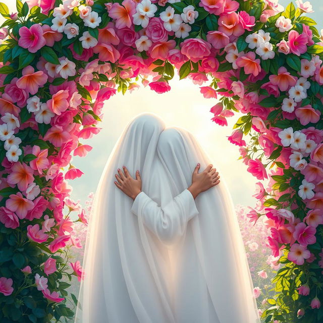 A serene and beautiful scene depicting two veiled figures embracing each other under a vibrant floral arch