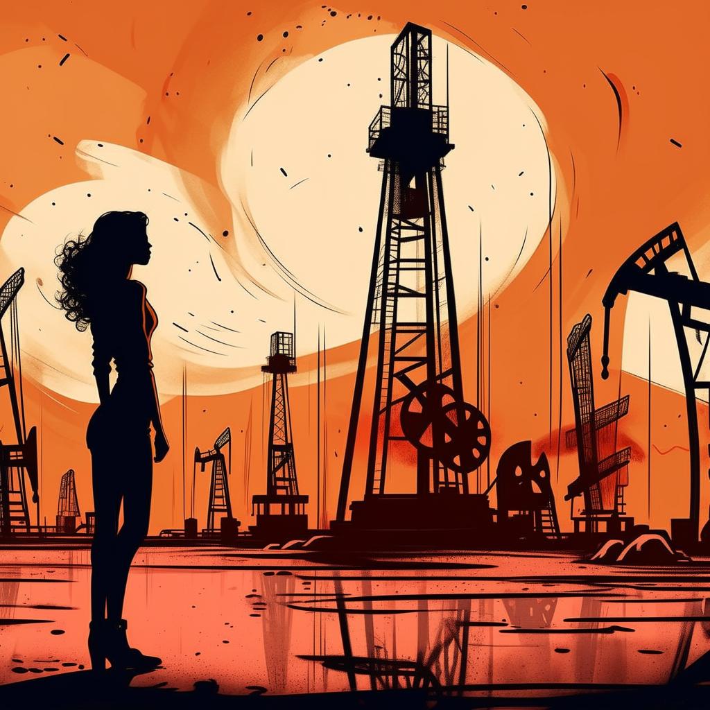 Illustrate a sassy, confident figure strutting with an air of pride, characterized by oil wells pumping in the backdrop of their living room, while causing gloom in onlookers. Render in an artful fashion.