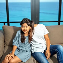 A beautiful Indonesian young woman, 18 years old, wearing stylish clothing, with long straight hair covering her ears, sitting on a sofa next to her younger brother, who is 15 years old
