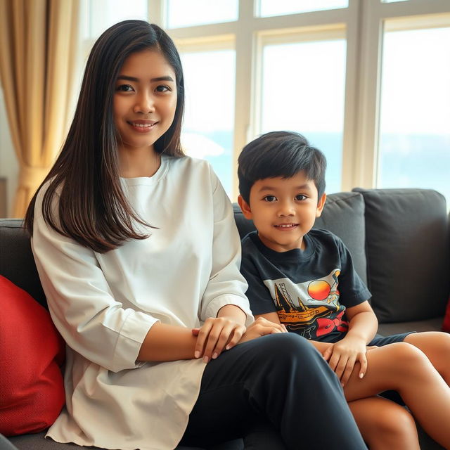 A beautiful Indonesian young woman, 18 years old, wearing stylish clothing, with long straight hair covering her ears, sitting on a sofa next to her younger brother, who is 15 years old