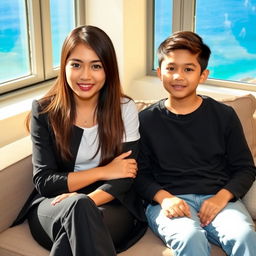 A beautiful Indonesian young woman, 18 years old, wearing stylish clothing, with long straight hair covering her ears, sitting on a sofa next to her younger brother, who is 15 years old