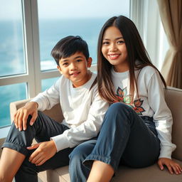 A beautiful Indonesian young woman, 18 years old, wearing stylish clothing, with long straight hair covering her ears, sitting on a sofa next to her younger brother, who is 15 years old