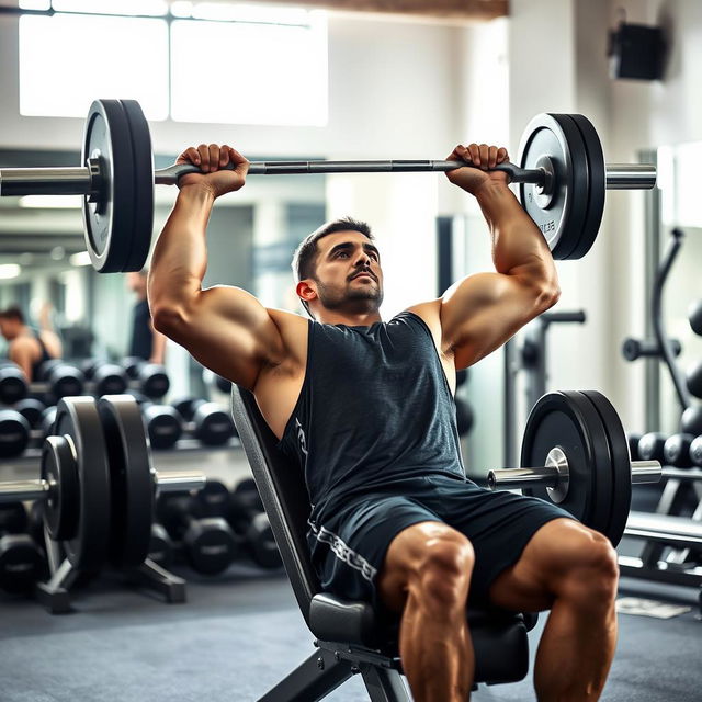 A fitness scene featuring a person performing an incline bench press in a gym setting