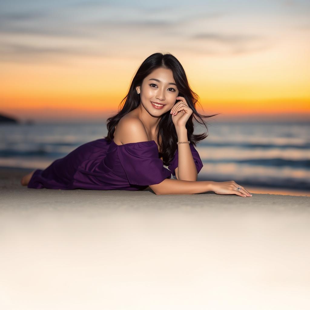 A beautiful Korean woman elegantly posed on the edge of a beach during sunset, lying down facing the sea while glancing at the camera with a soft smile