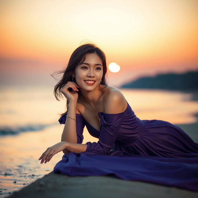 A beautiful Korean woman elegantly posed on the edge of a beach during sunset, lying down facing the sea while glancing at the camera with a soft smile