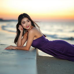 A beautiful Korean woman elegantly posed on the edge of a beach during sunset, lying down facing the sea while glancing at the camera with a soft smile