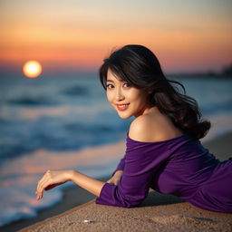 A beautiful Korean woman elegantly posed on the edge of a beach during sunset, lying down facing the sea while glancing at the camera with a soft smile