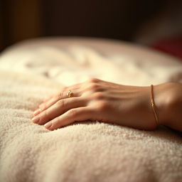 A beautifully romantic scene depicting a cute young male hand gently resting on a soft surface, with a longing gesture as if waiting for the touch of his loved one