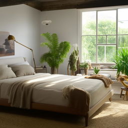 A cozy, well-lit bedroom featuring modern furniture, plush bedding, and a variety of indoor plants.