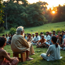 A serene scene depicting Jiddu Krishnamurti giving a talk to an attentive audience