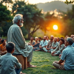 A serene scene depicting Jiddu Krishnamurti giving a talk to an attentive audience