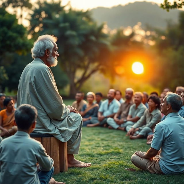 A serene scene depicting Jiddu Krishnamurti giving a talk to an attentive audience