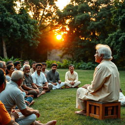 A serene scene depicting Jiddu Krishnamurti giving a talk to an attentive audience