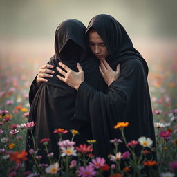 A poignant scene capturing the essence of compassion and solace, showing two weary and wounded figures being lovingly embraced by Hazrat Zahra