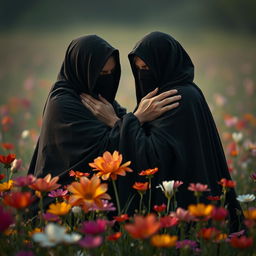 A poignant scene capturing the essence of compassion and solace, showing two weary and wounded figures being lovingly embraced by Hazrat Zahra