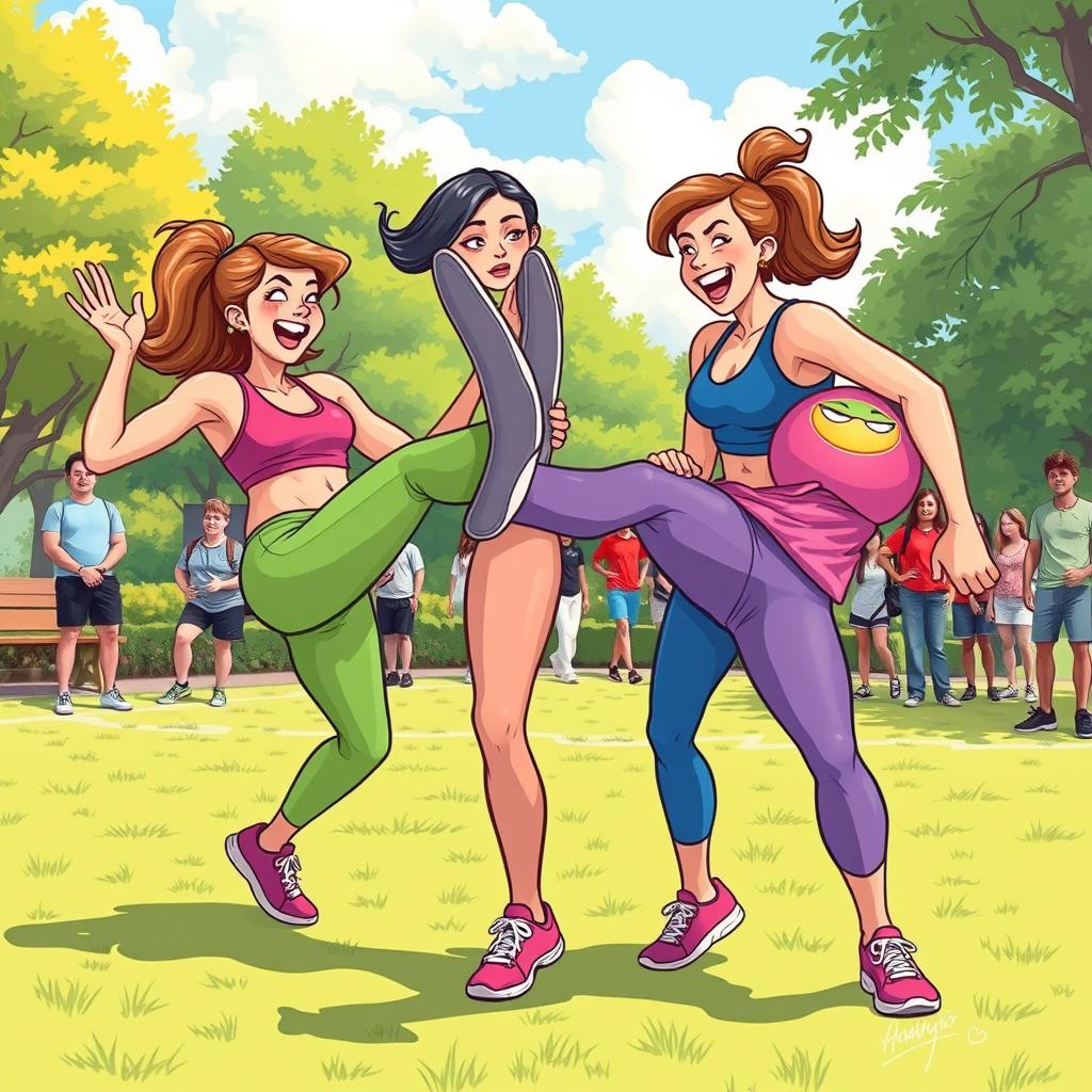 A dynamic and humorous illustration of women playfully kicking men in the groin, captured in a lighthearted and exaggerated cartoon style