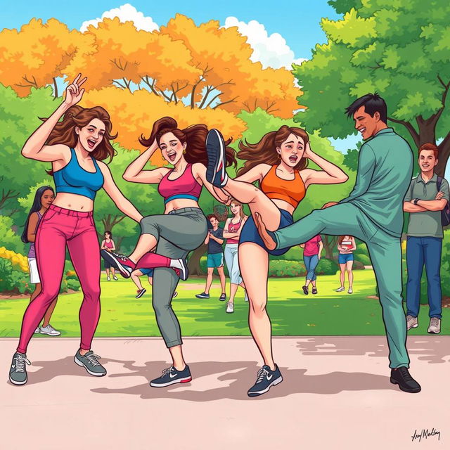 A dynamic and humorous illustration of women playfully kicking men in the groin, captured in a lighthearted and exaggerated cartoon style