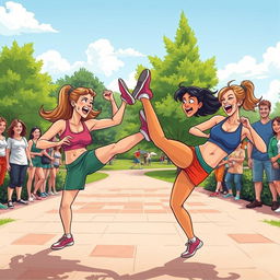 A dynamic and humorous illustration of women playfully kicking men in the groin, captured in a lighthearted and exaggerated cartoon style