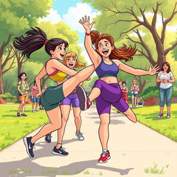 A dynamic and humorous illustration of women playfully kicking men in the groin, captured in a lighthearted and exaggerated cartoon style