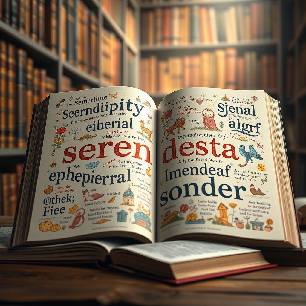 A visually stunning and fully illustrated representation of unique and creative words from various literary styles, arranged artfully
