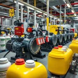 A high-resolution image of active chemical pumps in a modern chemical manufacturing company, showcasing a robust lockout/tagout (LOTO) system in place