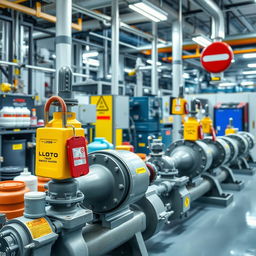 A high-resolution image of active chemical pumps in a modern chemical manufacturing company, showcasing a robust lockout/tagout (LOTO) system in place