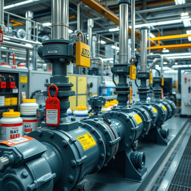 A high-resolution image of active chemical pumps in a modern chemical manufacturing company, showcasing a robust lockout/tagout (LOTO) system in place