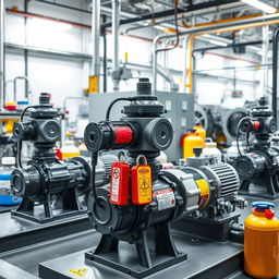 A high-resolution image of active chemical pumps in a modern chemical manufacturing company, showcasing a robust lockout/tagout (LOTO) system in place