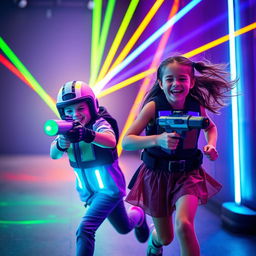 A lively scene of a boy and a girl joyfully playing laser tag in a colorful, vibrant arena filled with glowing laser lights