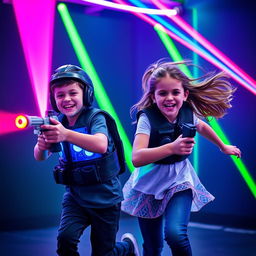 A lively scene of a boy and a girl joyfully playing laser tag in a colorful, vibrant arena filled with glowing laser lights