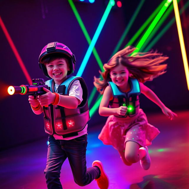 A lively scene of a boy and a girl joyfully playing laser tag in a colorful, vibrant arena filled with glowing laser lights